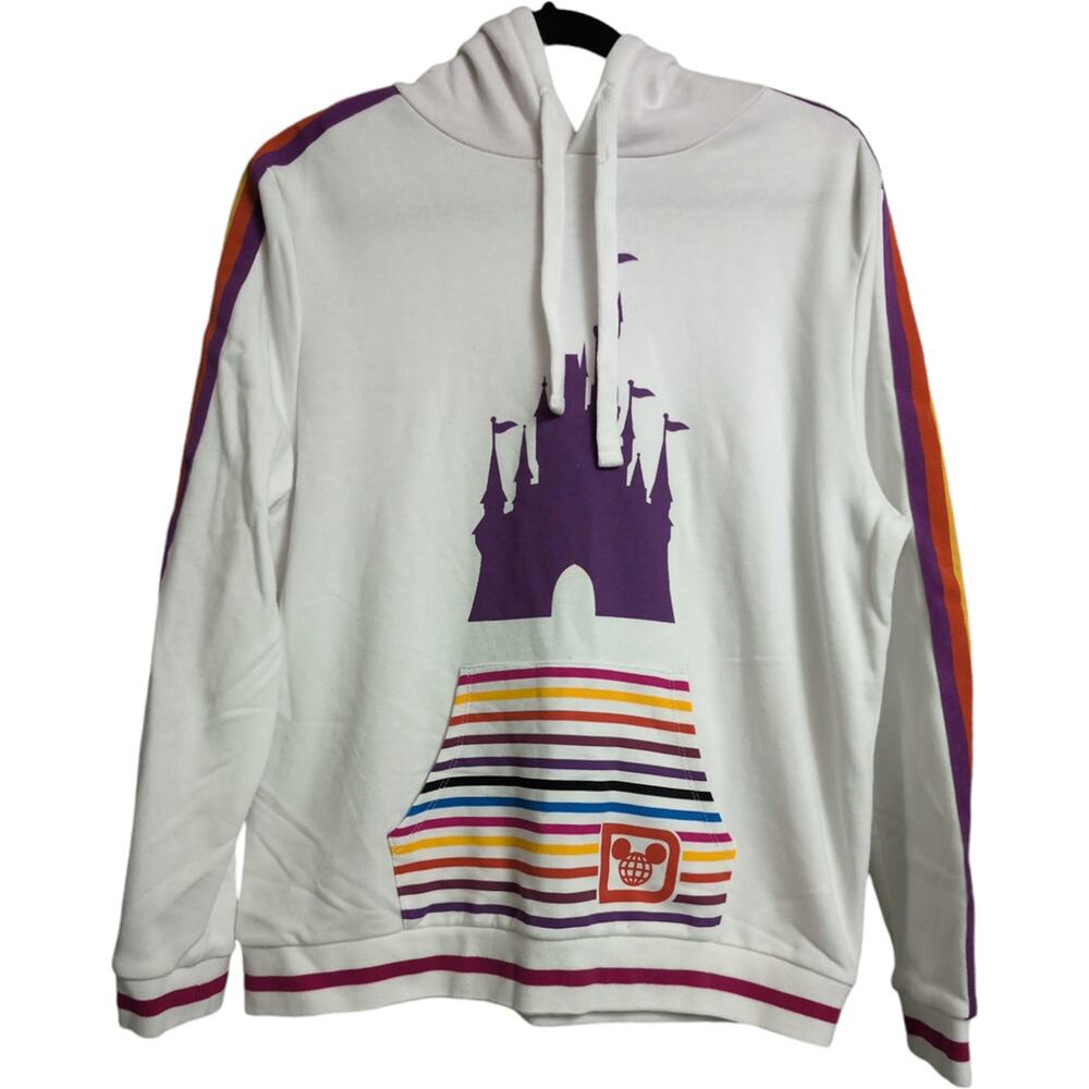 Disney Parks White Retro Stripe Castle Pullover Hoodie Front Pocket Size L